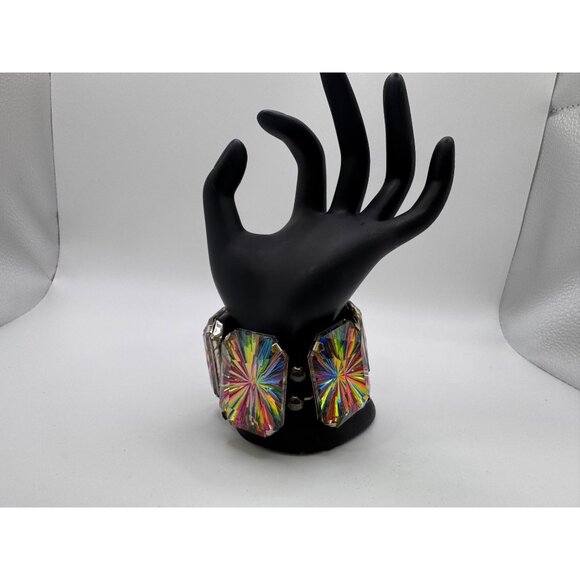 Chunky Rainbow Vitriol Glass Stretch Bracelet - Rectangular Panels - Silver Tone - Picture 2 of 10